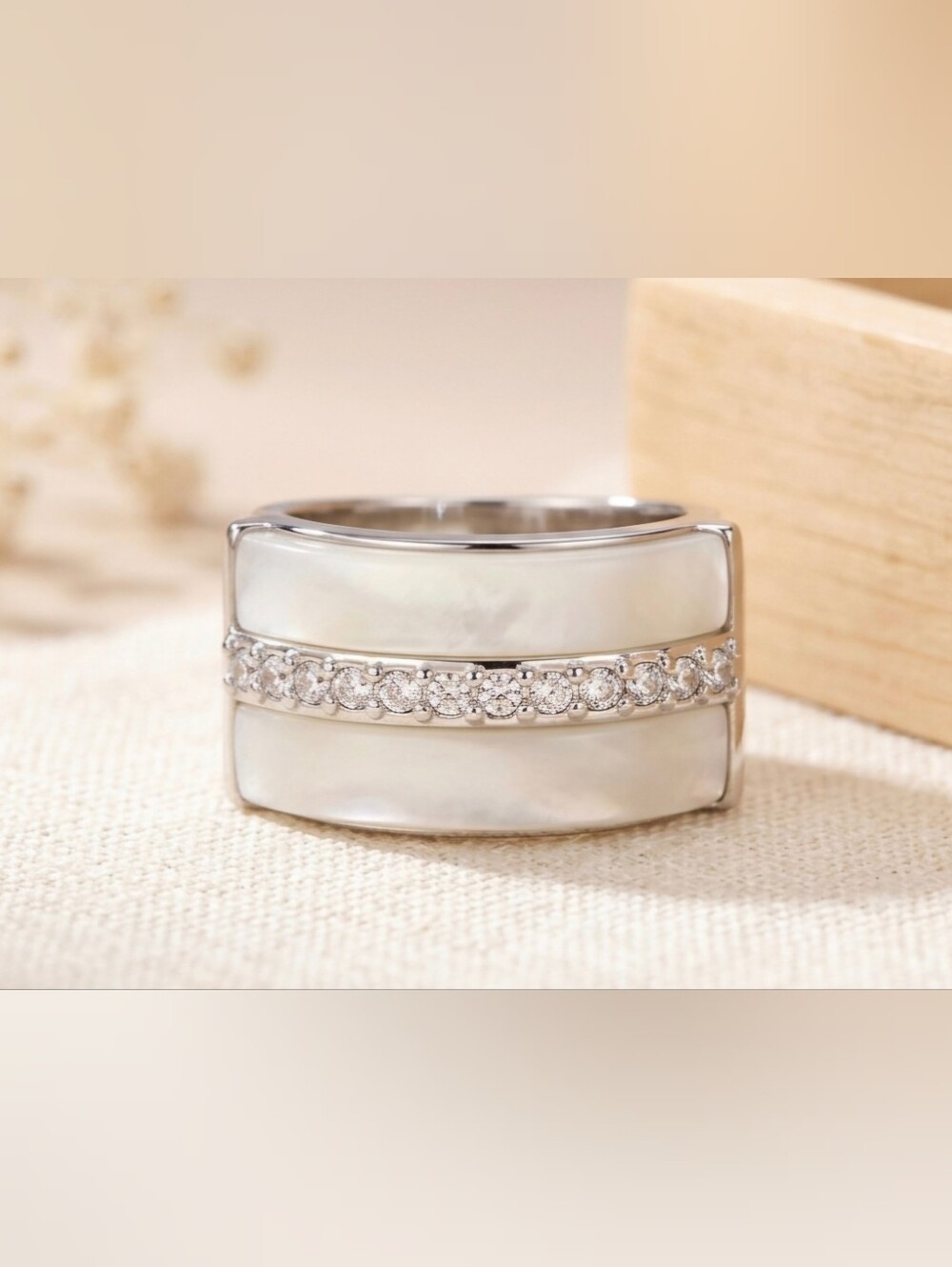 Elegant White Mother-of-Pearl Band Ring with Crystal Accent